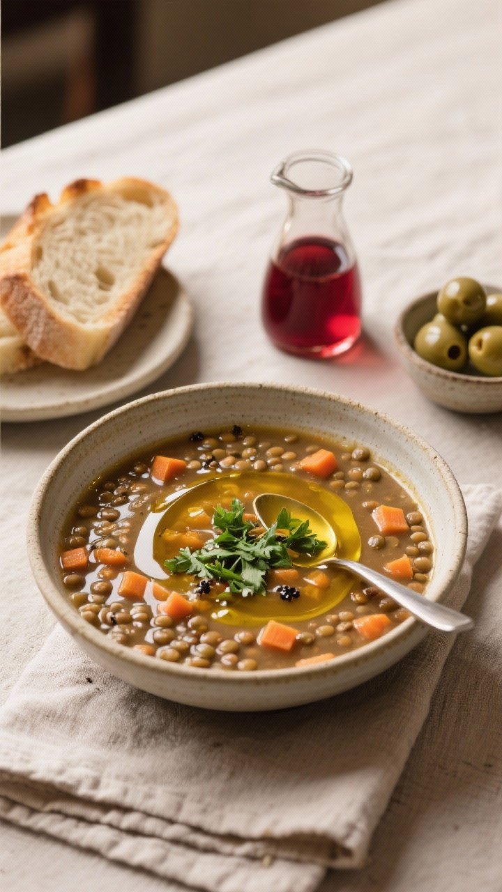 Final plated/overhead presentation: Overhead shot of a rustic bowl of Authentic Greek Lentil Soup fi