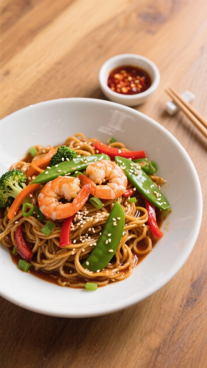 Final plated overhead: Restaurant-quality bowl of shrimp lo mein arranged in loose noodle nests, eve