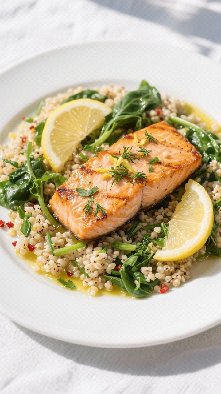 Final plated overhead: Restaurant-quality presentation of Grilled Lemon Herb Salmon with Quinoa. Top