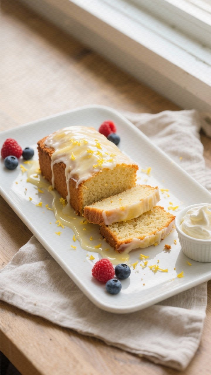 Final plated overhead: Sliced lemon keto pound cake on a matte white rectangular platter, thin drizz