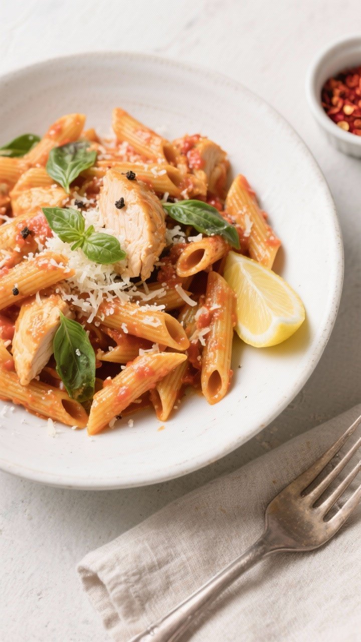 Final plated overhead: Spicy Penne alla Vodka with Chicken served in a matte white shallow bowl, top