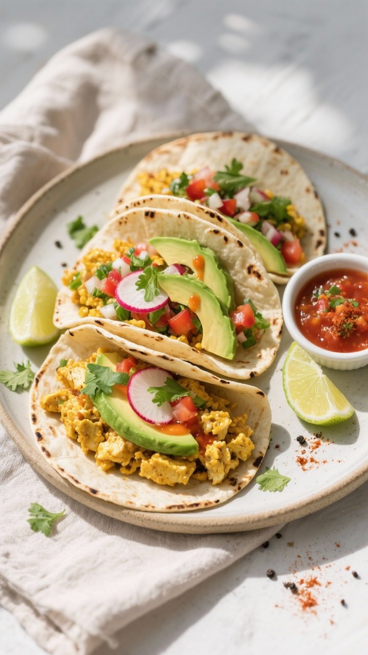 Final plated tacos overhead: Overhead shot of vegan breakfast tacos assembled on lightly charred cor