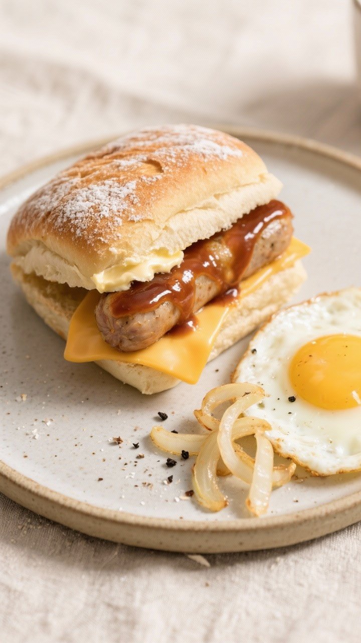 Final plated, tasty top view: Overhead shot of a Scottish square sausage sandwich on a flour-dusted 