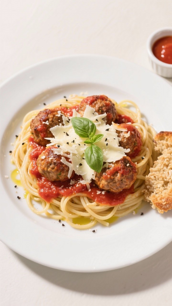 Final plated, tasty top view: Overhead shot of Chicken Parmesan Meatballs served over twirls of spag
