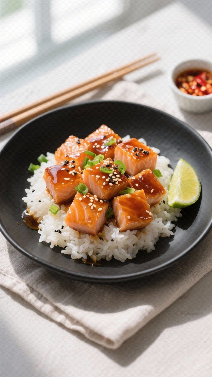 Final plated top-down shot: Sticky honey glazed salmon bites piled over fluffy white rice in a matte