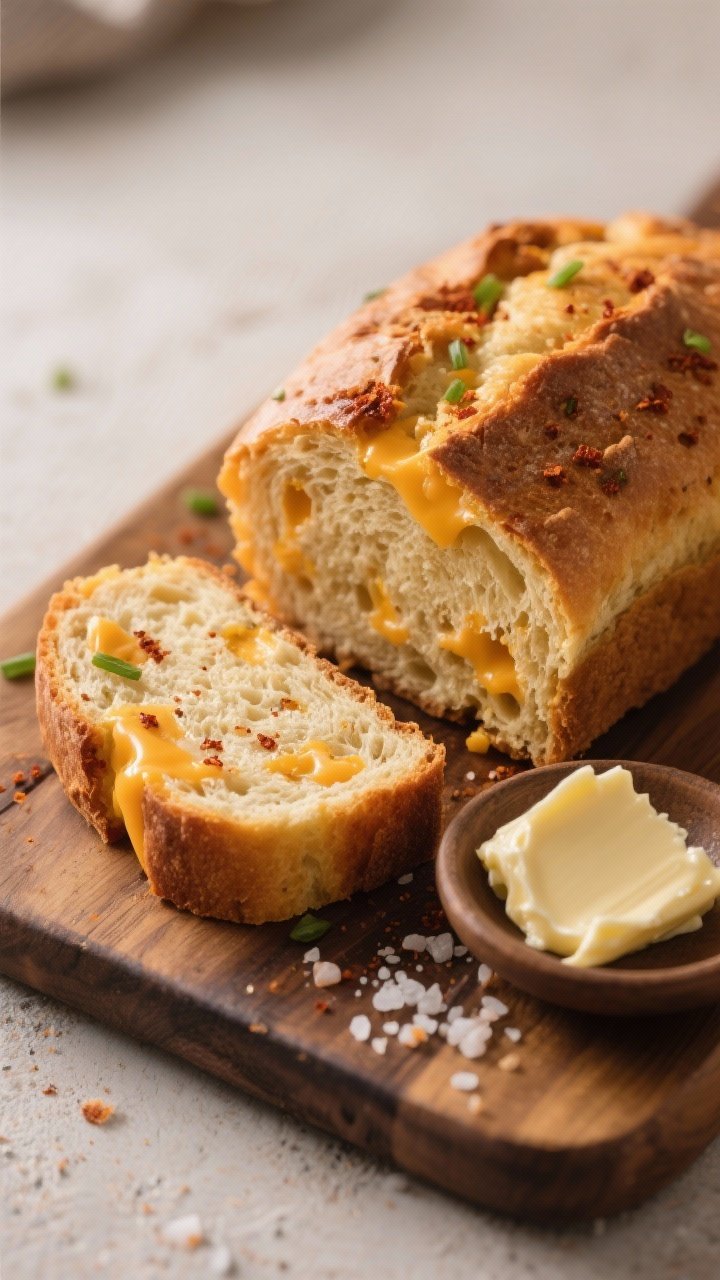 Final presentation, close-up detail: Close-up of thick, warm slices of cheddar beer bread on a rusti