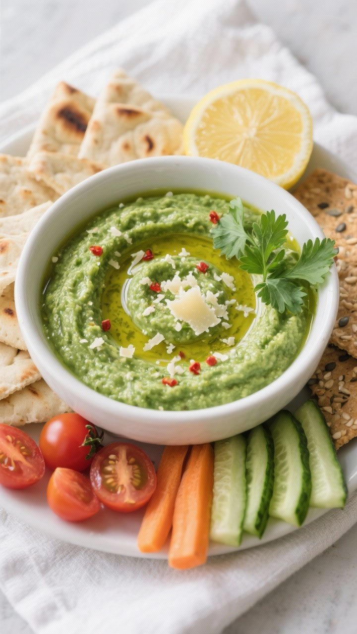 Final presentation — Fresh Parsley Pesto Dip ready to serve: overhead, of a shallow white ceramic 