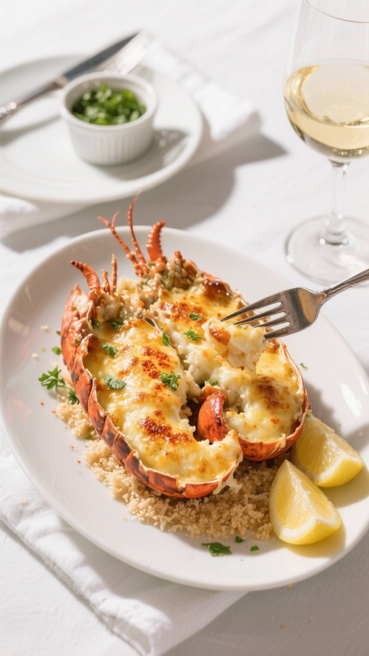 Final presentation overhead: Broiled Lobster Thermidor served in split lobster shells on a matte whi
