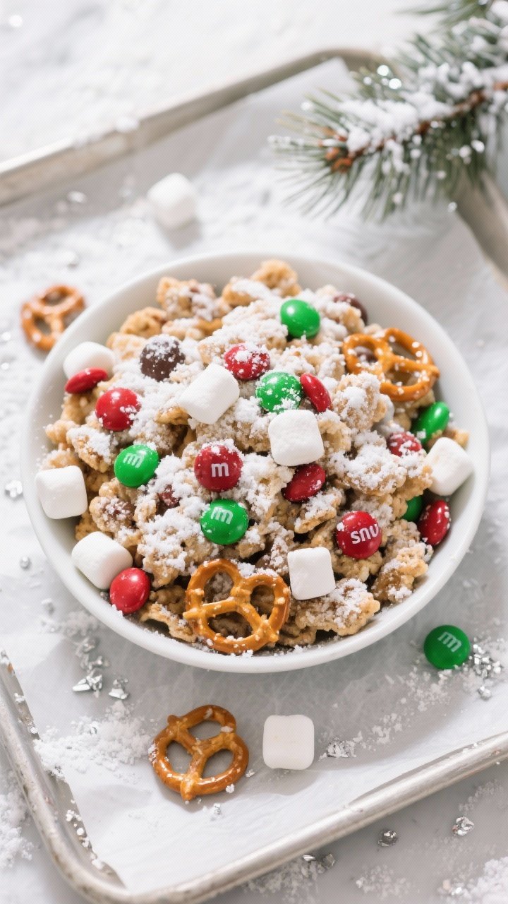 Final presentation overhead: Festive Reindeer Chow fully set and dusted, heaped in a matte white sha