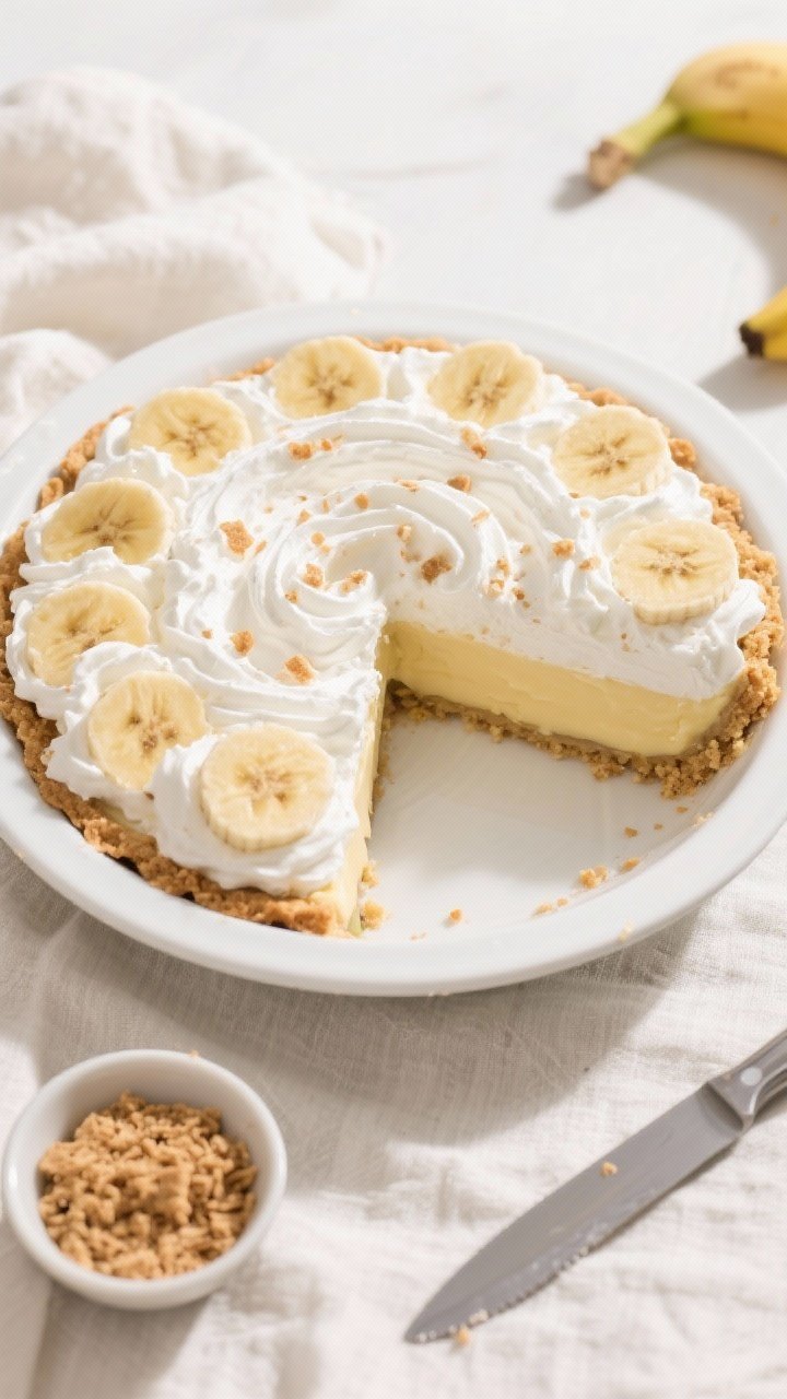 Final presentation/overhead shot: No-Bake Banana Pudding Pie fully set and sliced cleanly, topped wi