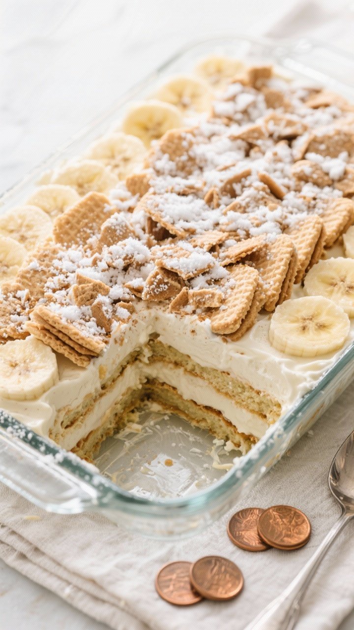 Final presentation — Overhead shot of a fully assembled banana pudding in a 9x13 glass dish: neat 