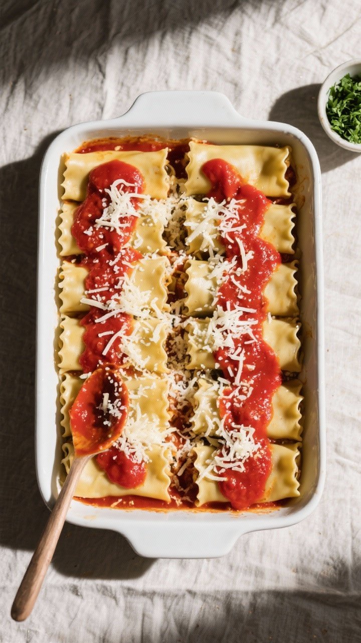 Overhead cooking process shot: A 9x13 baking dish filled with neatly arranged lasagna rolls, seam-si