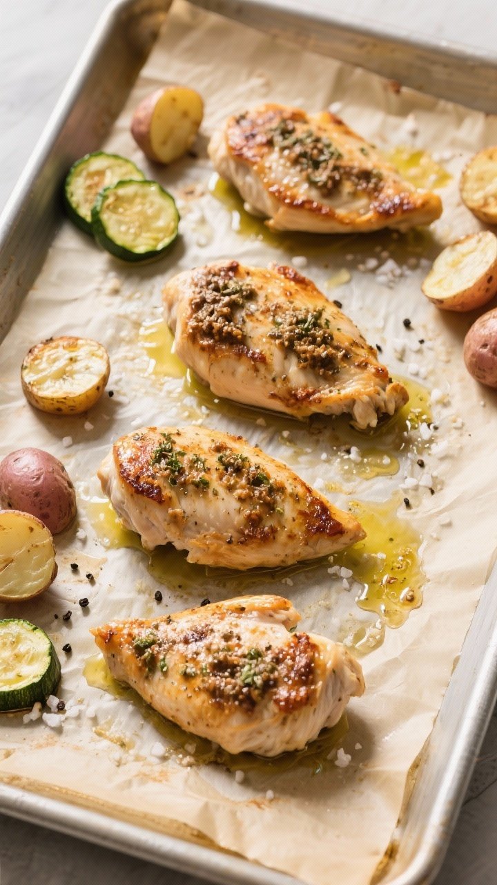 Overhead cooking-process shot of four seasoned chicken breasts spaced apart on a parchment-lined she