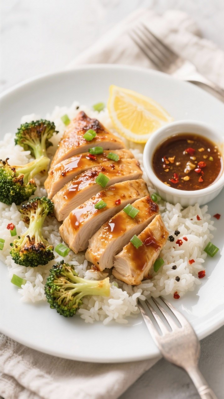Overhead final plating of sliced honey garlic baked chicken breast fanned over fluffy white rice wit