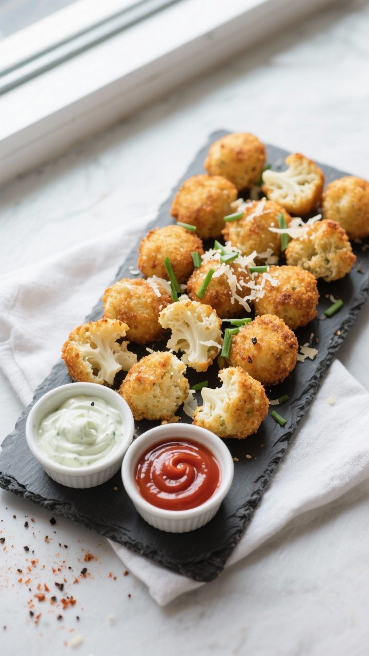 Overhead final presentation: A modern slate platter filled with neatly arranged cauliflower tots in 