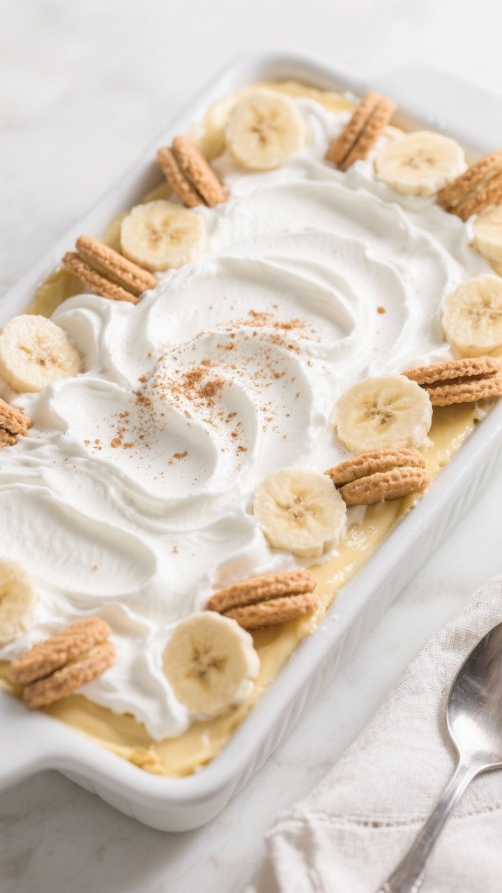 Overhead final presentation: A pristine 9x13 dish of Banana Pudding With Sour Cream Twist after over