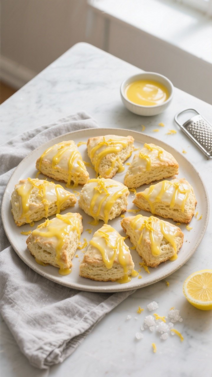 Overhead final presentation: a round plate with glazed fluffy lemon scones arranged in a loose circl