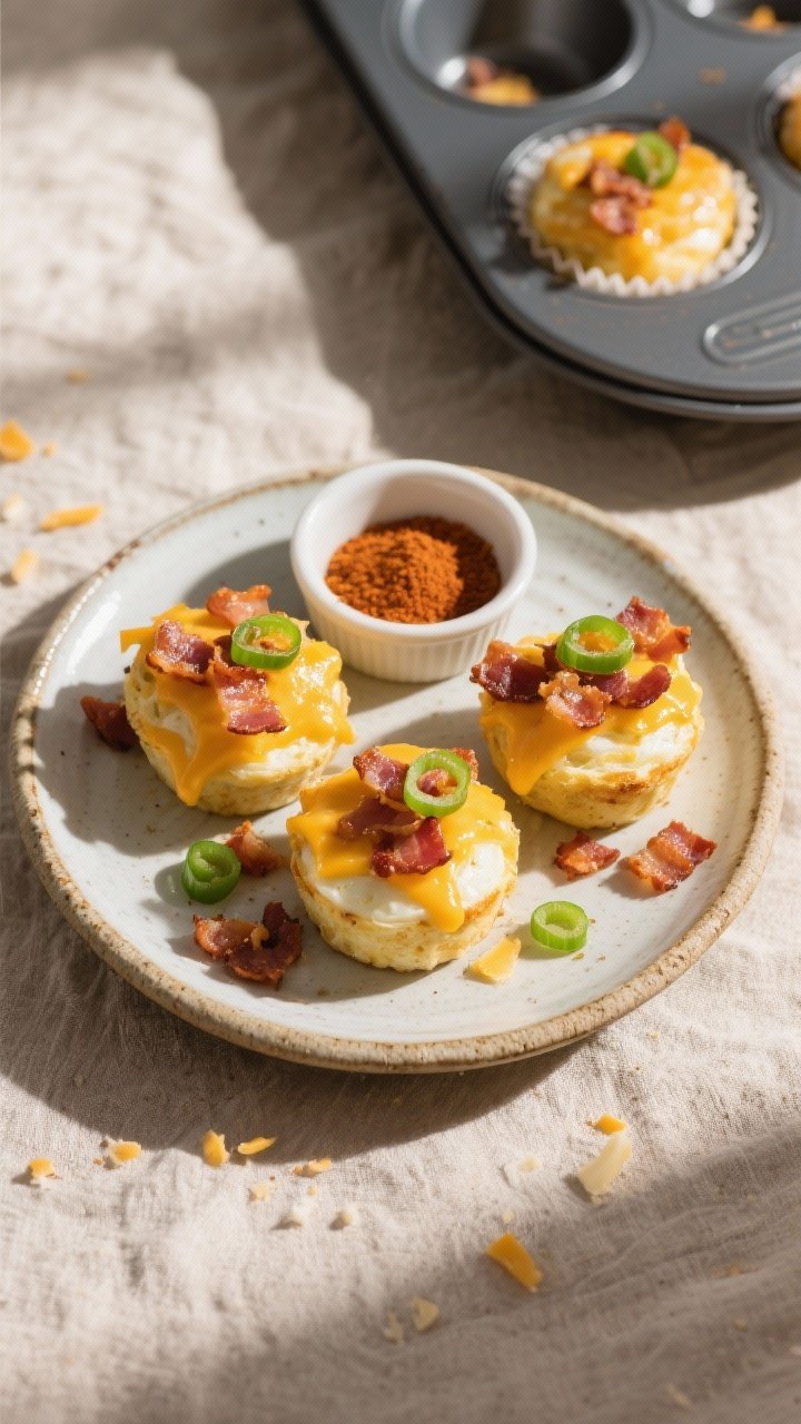 Overhead final presentation: A rustic ceramic plate with three bacon & cheddar egg bites, topped wit
