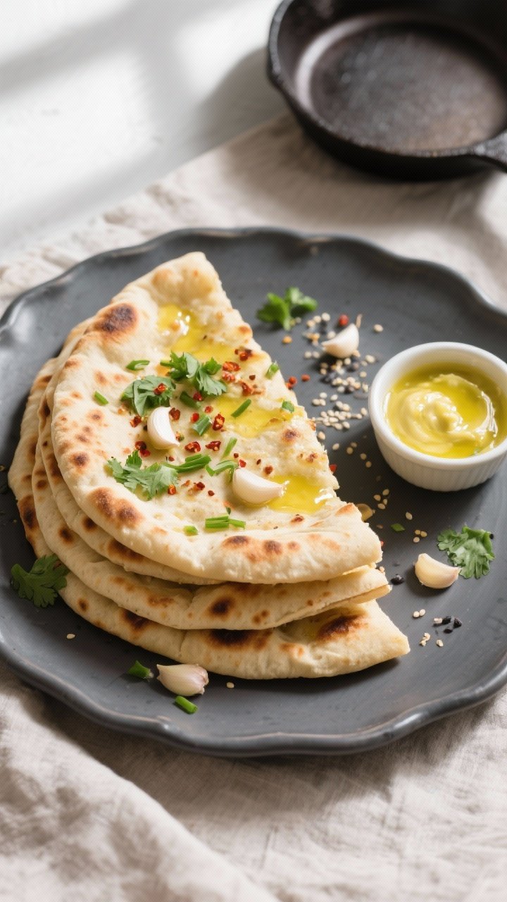 Overhead final presentation: A tidy stack of warm garlic butter naan on a matte charcoal platter, ea