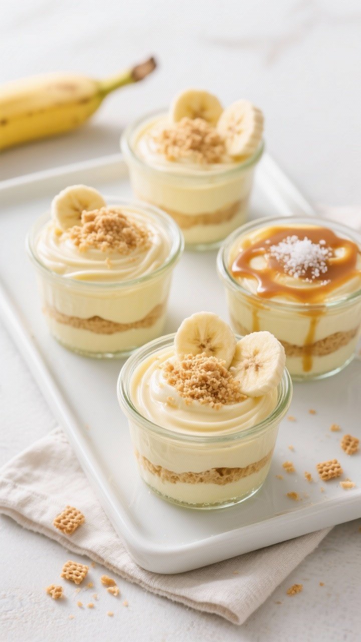 Overhead final presentation of Banana Pudding Dessert Cups chilled and garnished: three individual c