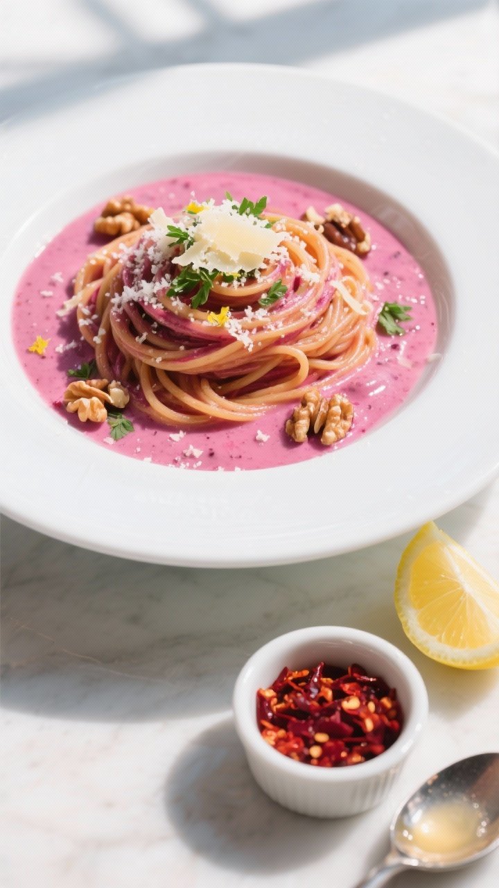 Overhead final presentation of Creamy Roasted Beet Pasta plated restaurant-style: a neat twirl of sp