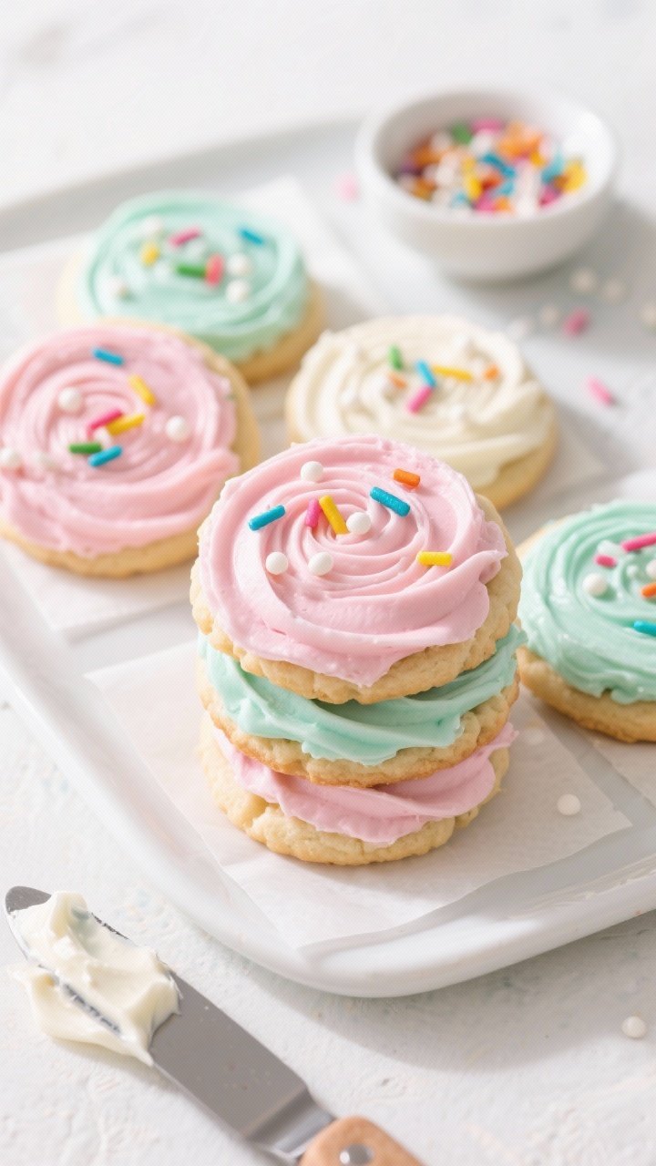 Overhead final presentation of frosted soft sugar cookies in mixed pastel gel-tinted vanilla butterc