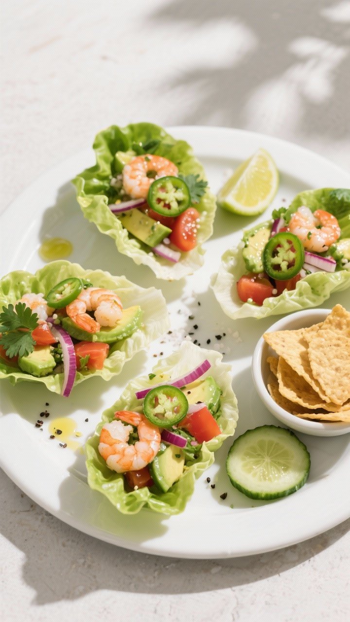 Overhead final presentation of Keto Avocado Shrimp Ceviche served in crisp butter lettuce cups on a 