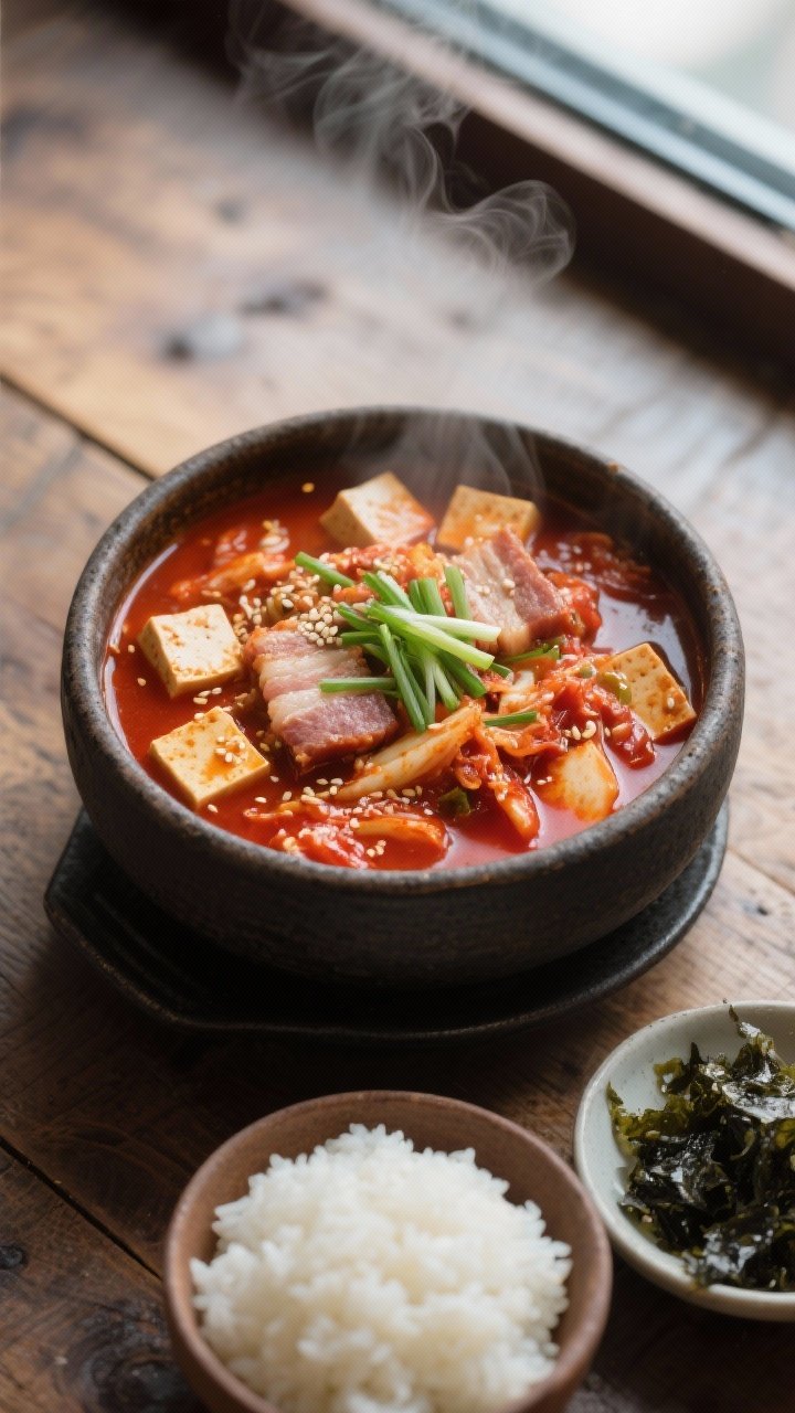 Overhead final presentation of kimchi jjigae with pork belly served piping hot: richly red, slightly