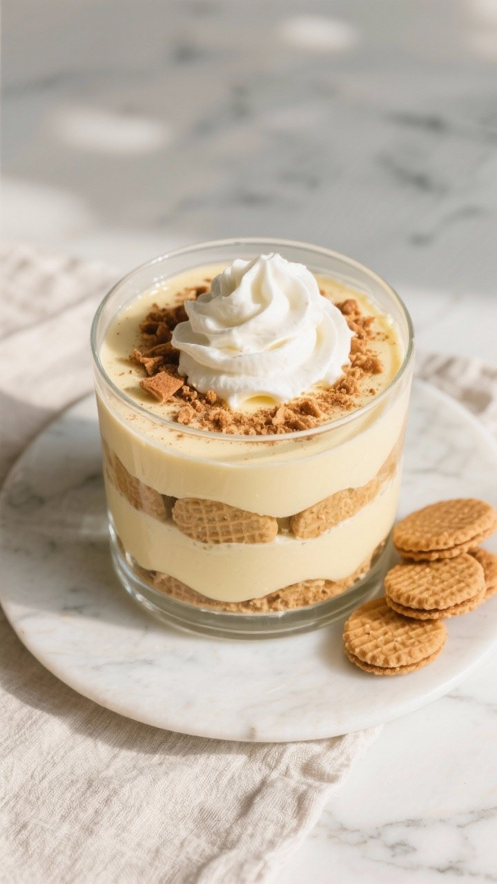 Overhead final presentation of layered banana-free pudding in a clear glass trifle dish: visible str