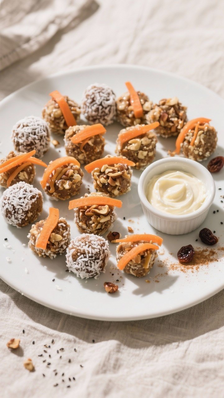 Overhead final presentation of no-bake carrot cake bites arranged on a matte white plate: 12–16 ch