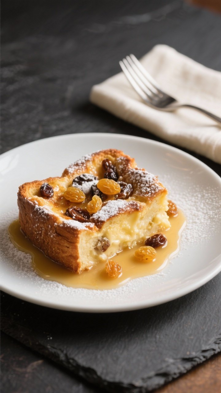 Overhead final presentation of plated rum raisin bread pudding with a generous drizzle of rum butter