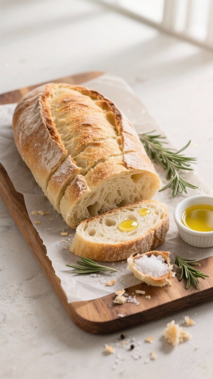 Overhead final presentation of the sliced Italian bread loaf on a wooden board: oval batard with eve