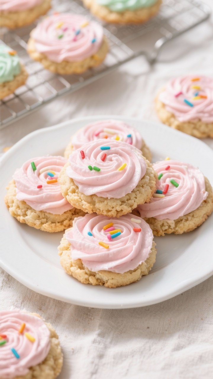 Overhead final presentation of thick, frosted Copycat Crumble Sugar Cookies on a white ceramic plate