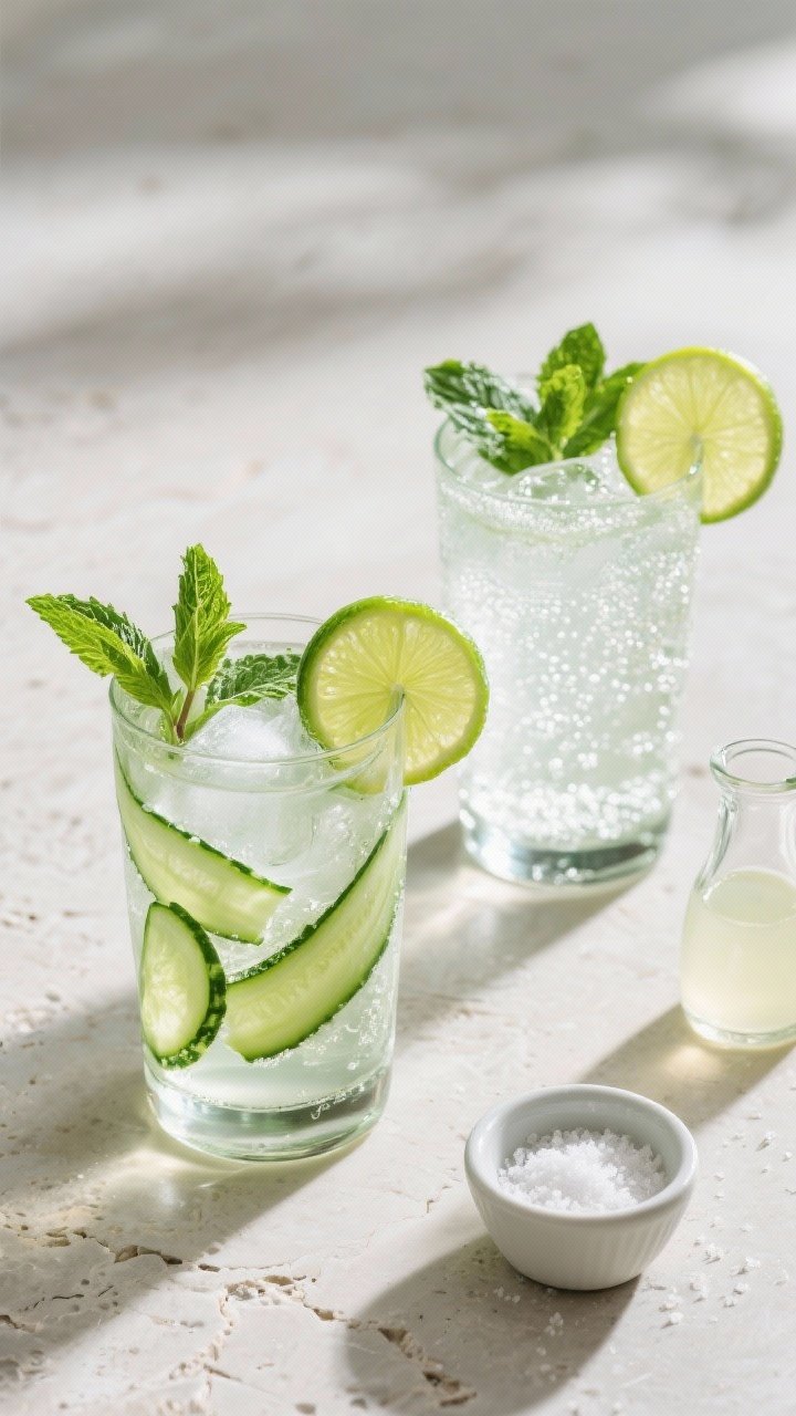 Overhead final presentation of two glasses of Cucumber Mint Cooler on a light stone surface: one sti