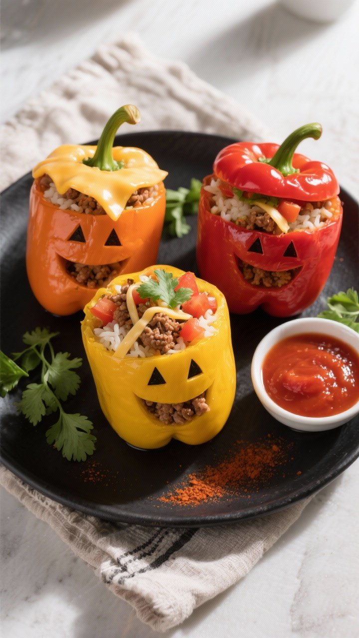 Overhead final presentation shot of a trio of stuffed bell peppers in orange, red, and yellow, stand