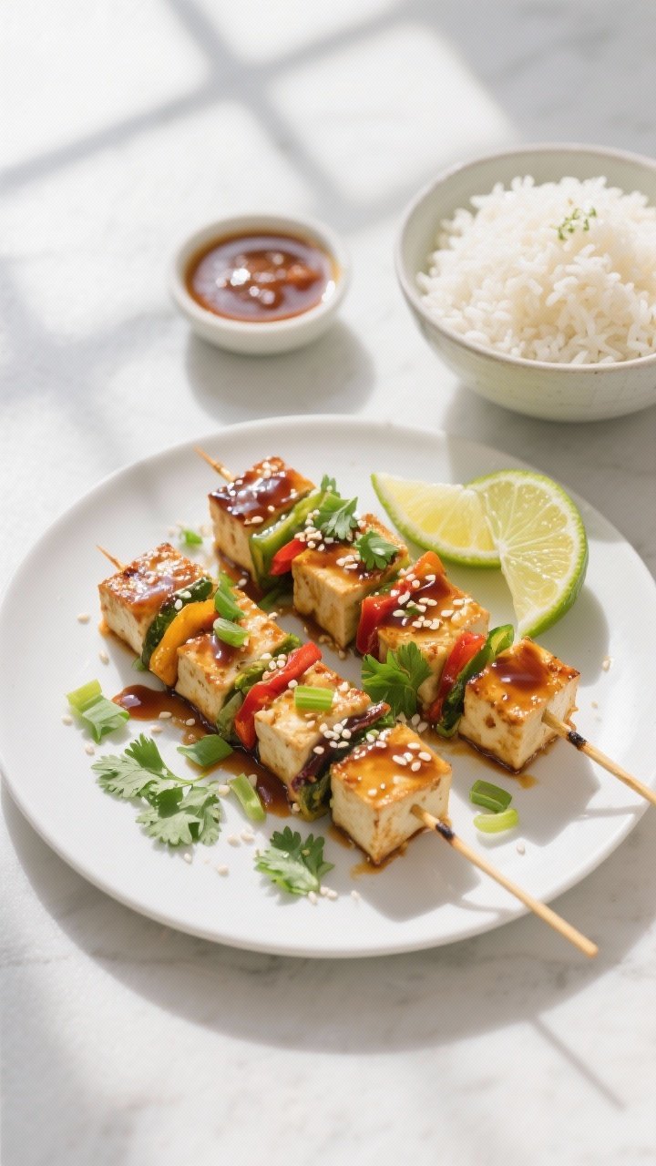 Overhead final presentation: Tofu Skewers with Chili Lime Glaze arranged on a matte white platter, b