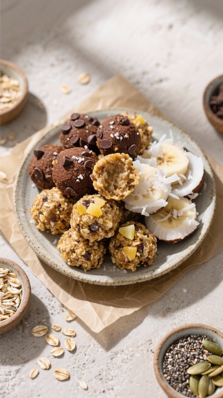 Overhead final presentation: Top-down shot of a rustic ceramic plate piled with assorted Banana Oat 