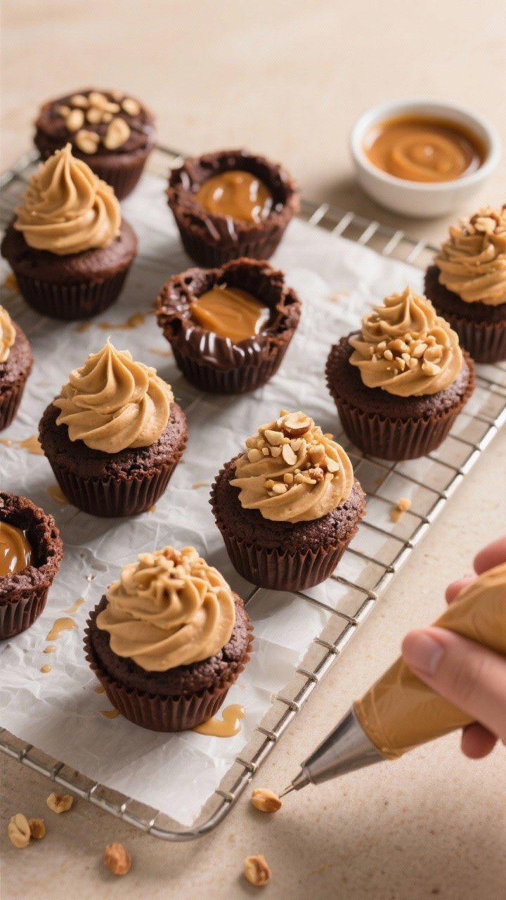 Overhead process shot of a cooling rack lined with fully baked chocolate cupcakes being assembled: s