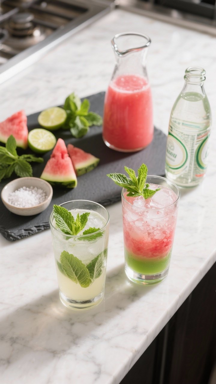Overhead process shot: Two matching highball glasses mid-prep on a marble counter—mint gently mudd