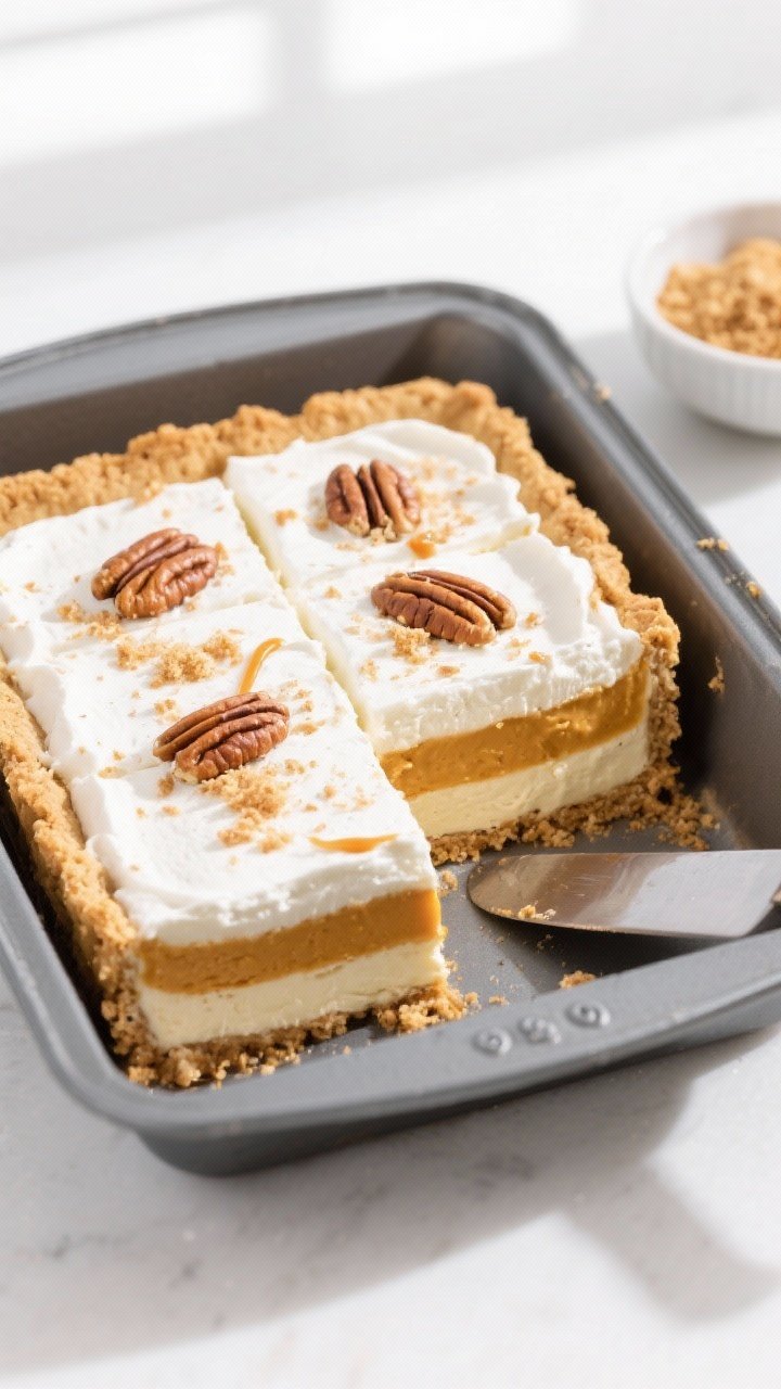 Overhead shot of a chilled, neatly sliced square of No-Bake Pumpkin Delight in a 9x9 pan, showing di
