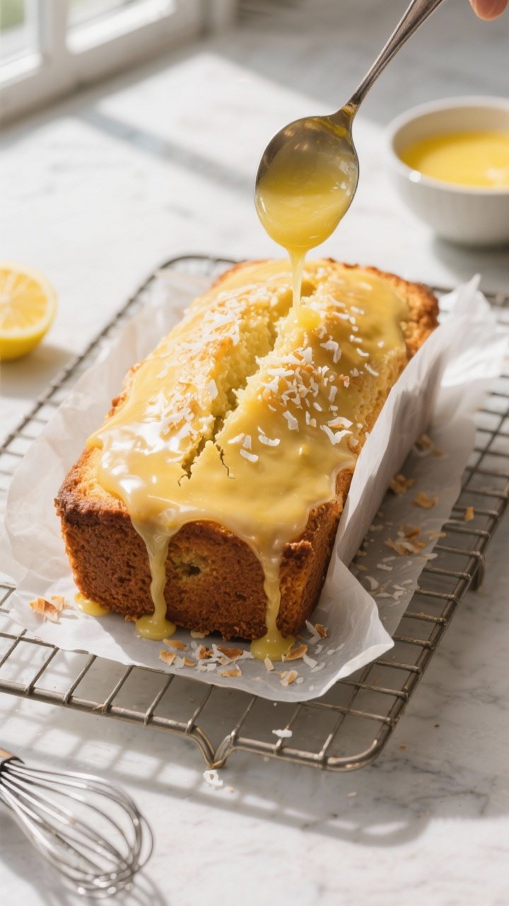 Overhead shot of a freshly baked coconut loaf cake on a cooling rack, golden top with a crack down t