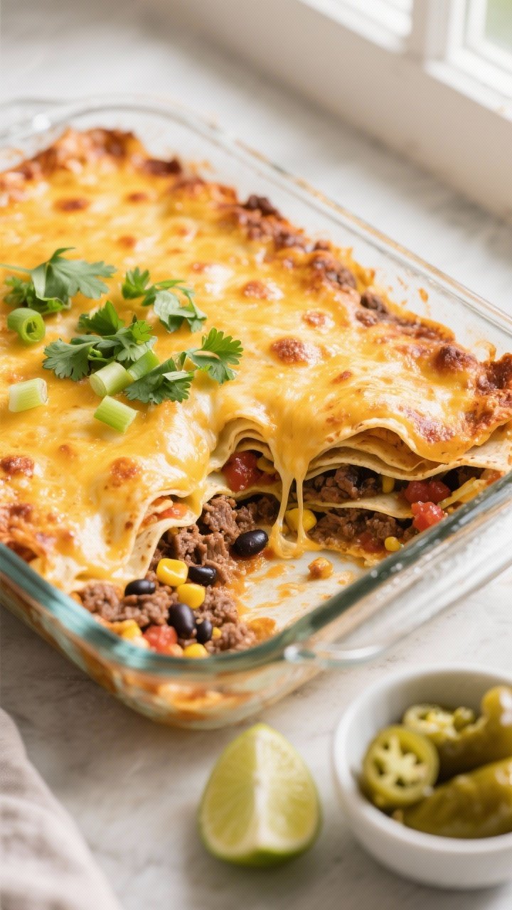 Overhead shot of a just-baked Cheesy Taco Casserole in a 9x13 glass baking dish, cheese melted and b