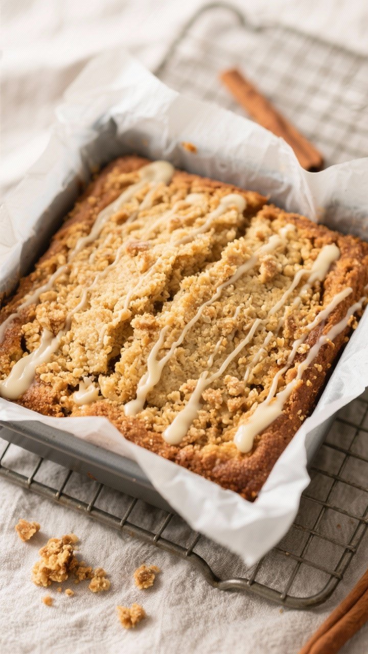 Overhead shot of a just-baked gluten-free cinnamon coffee cake in an 8x8-inch parchment-lined pan, g