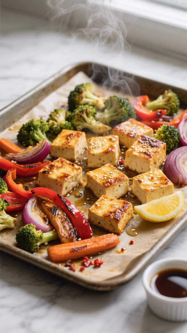 Overhead shot of a just-roasted sheet pan featuring golden, crispy-edged tofu cubes and caramelized 