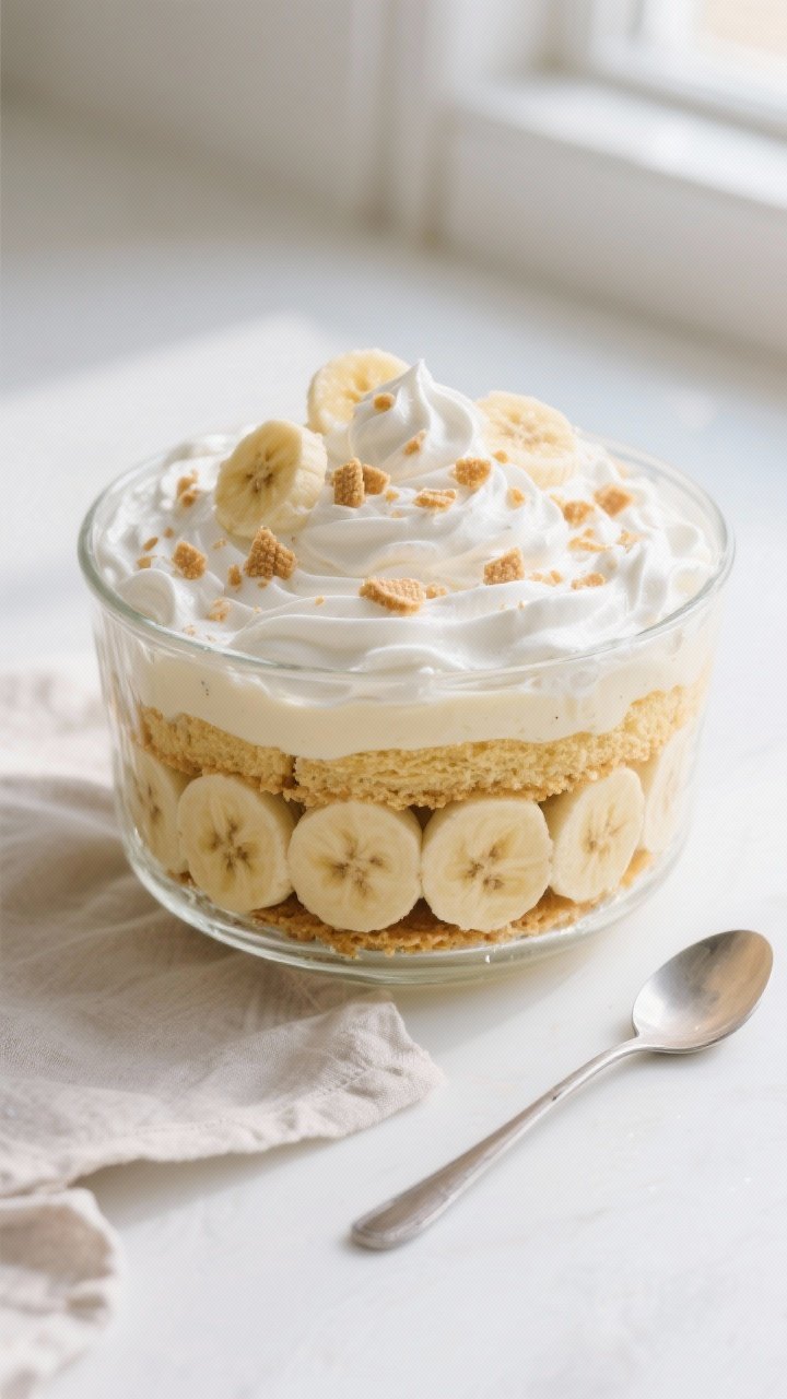 Overhead shot of a prepared banana pudding trifle in a clear glass bowl showcasing distinct layers: 