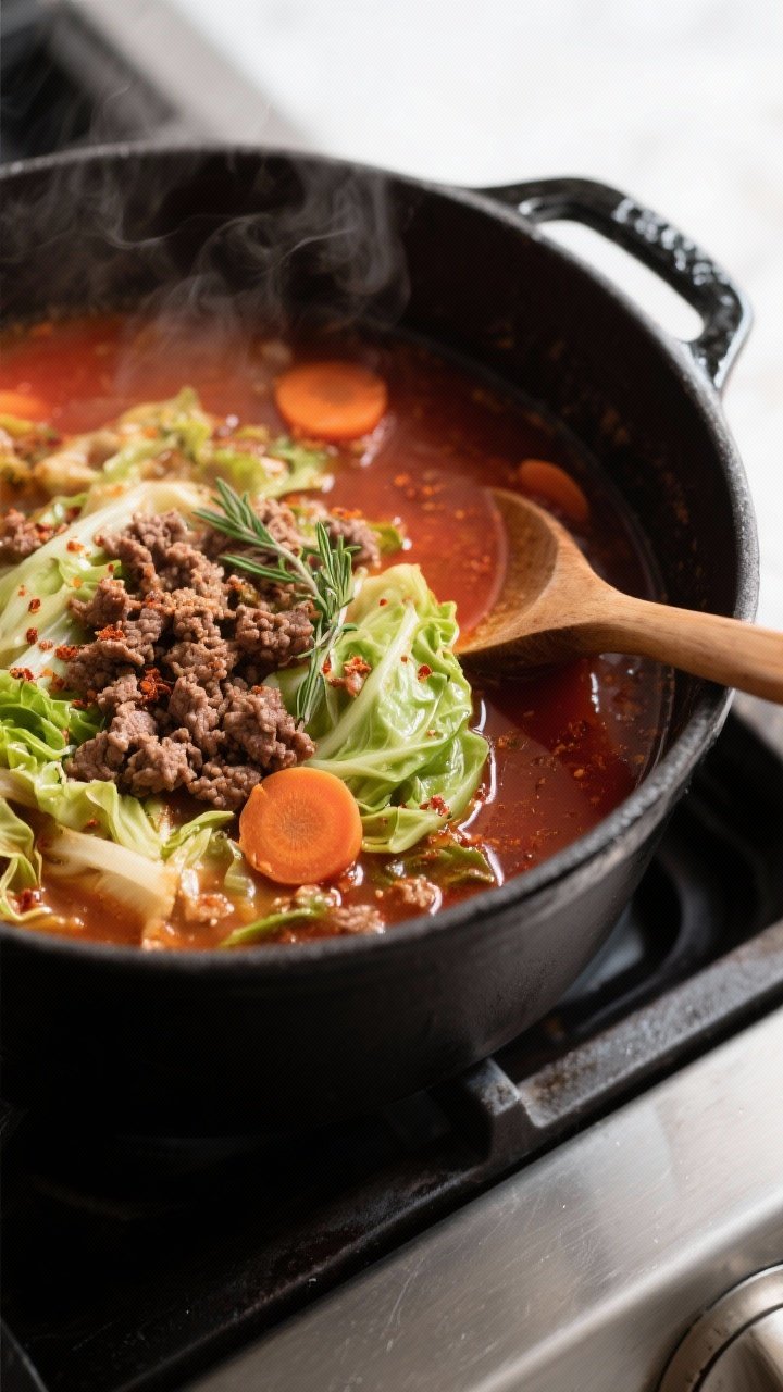 Overhead shot of Beef and Cabbage Keto Soup mid-simmer in a matte black Dutch oven on a stovetop, sh