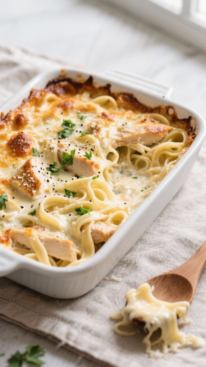 Overhead shot of Chicken Fettuccine Alfredo Bake just out of the oven, bubbling at the edges with a 