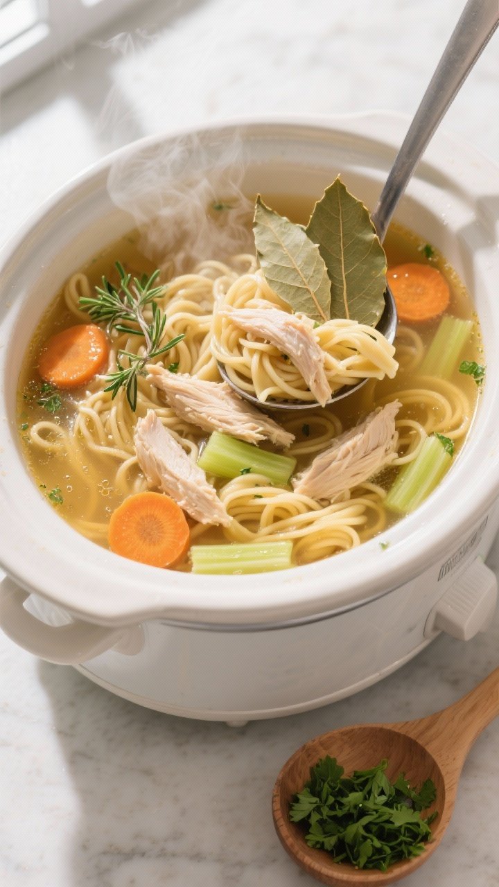 Overhead shot of crock pot chicken noodle soup just after noodles have finished cooking: golden brot