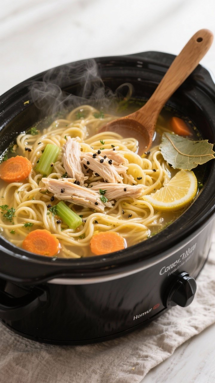 Overhead shot of Crock Pot homestyle chicken noodle soup just after noodles have turned al dente: te