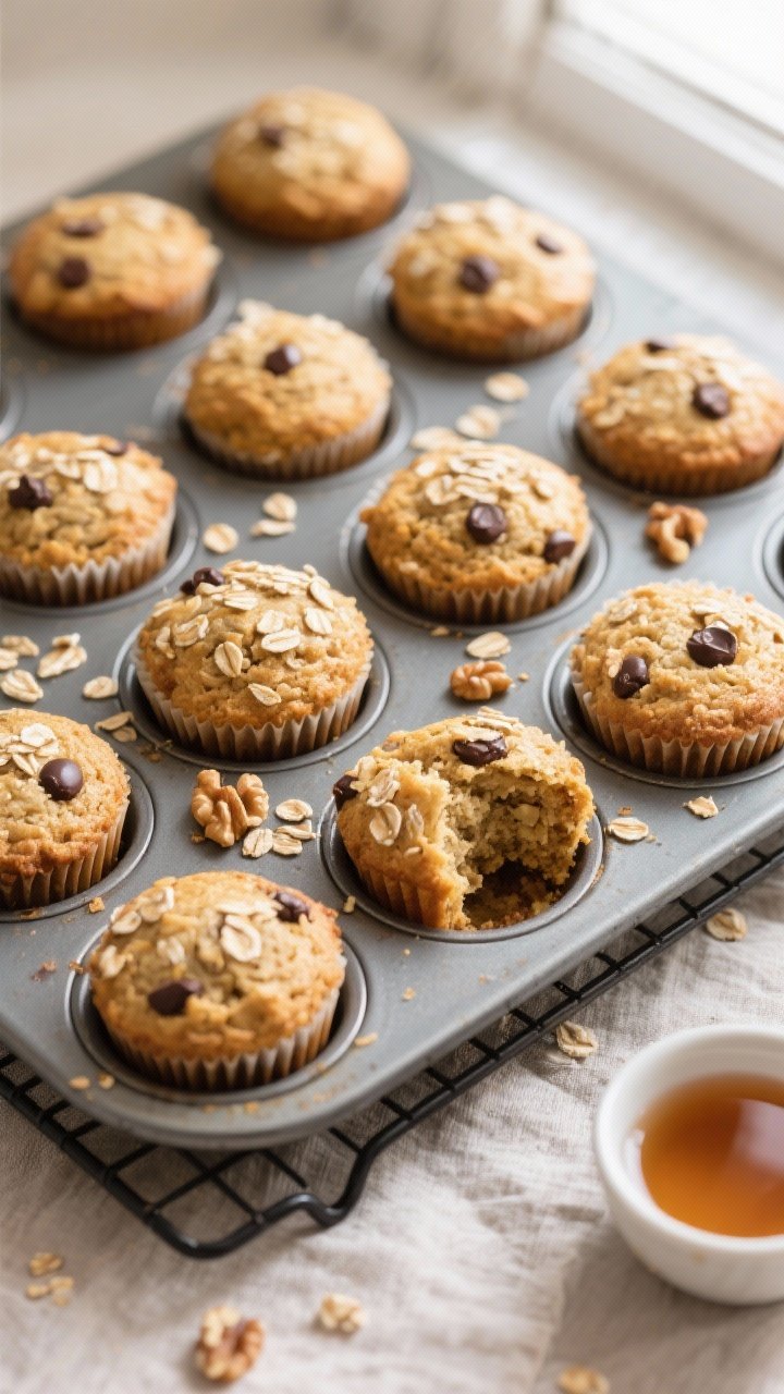 Overhead shot of freshly baked Banana Oat Healthy Muffins cooling in a 12-cup muffin tin on a wire r